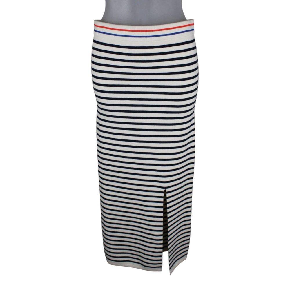 Kule Skirt Women Large Cream Navy Multicolor Striped Cotton Blend Slit Accent